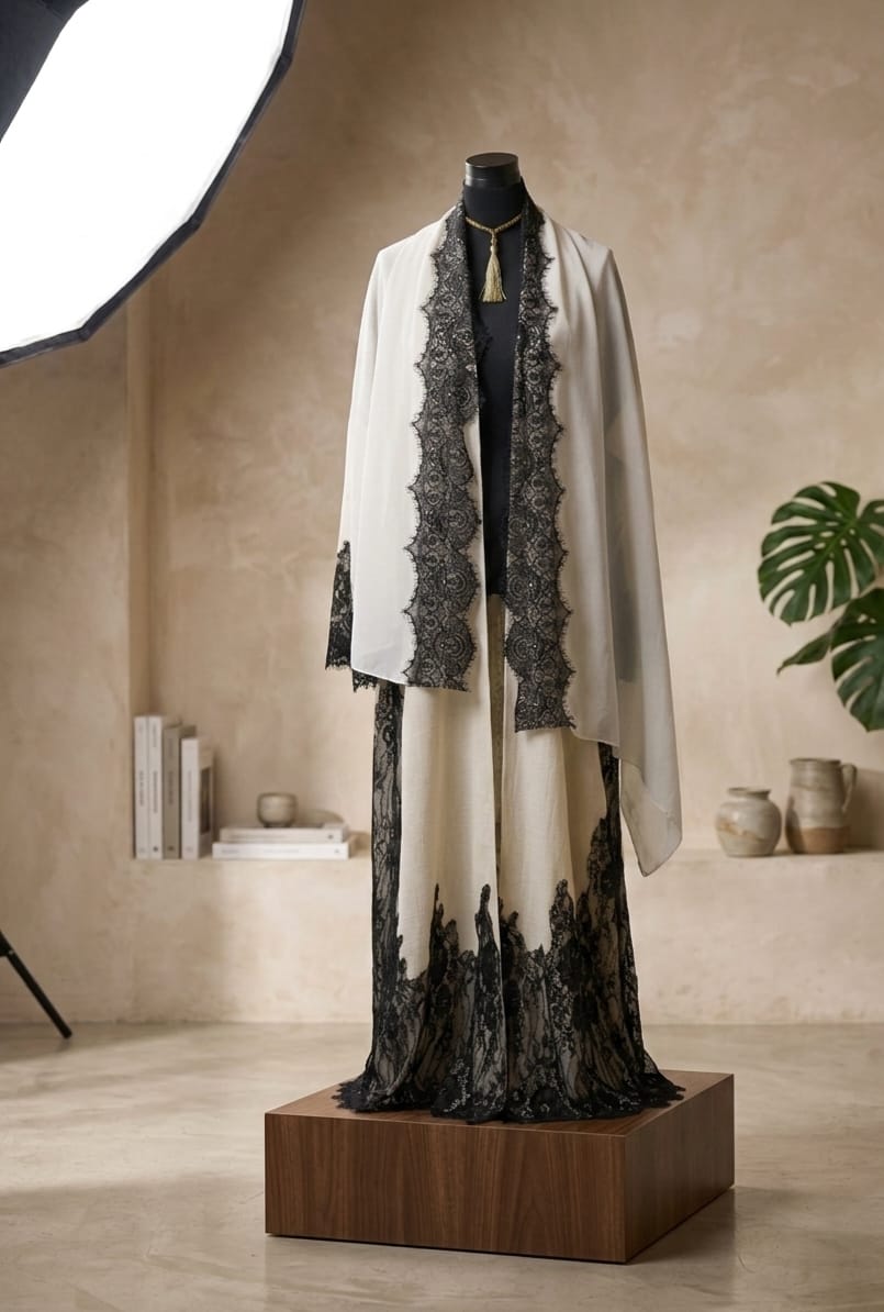 Beige French Lace abaya