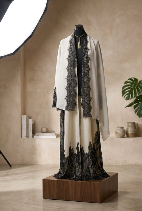 Beige French Lace abaya